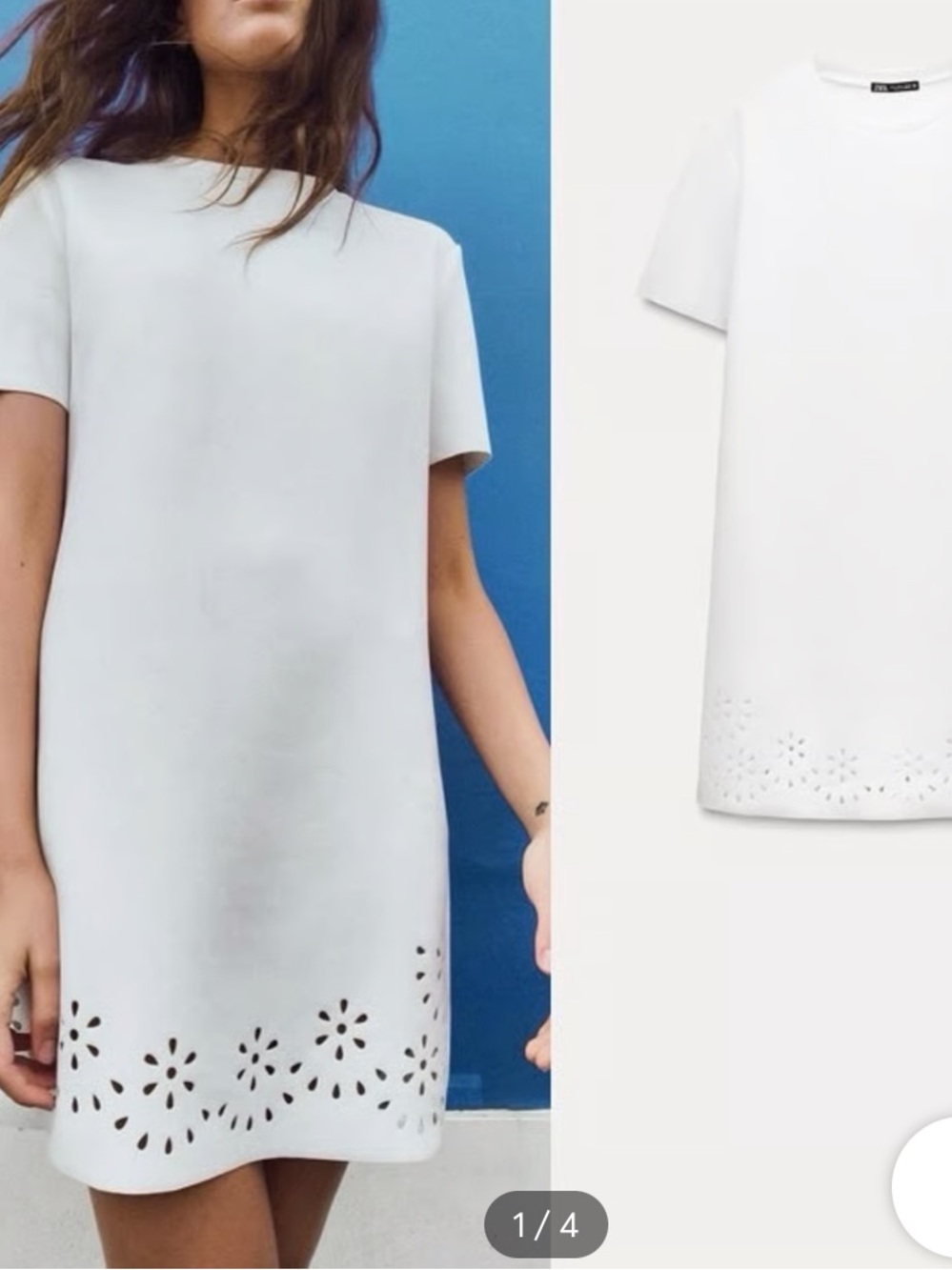 Zara White Short-Sleeve Mini Dress with Laser-Cut Hem